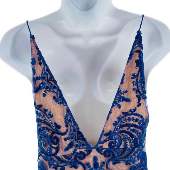 Free People Navy Blue Sequin Lace Nude Strappy Cocktail Fancy Slip Dress 4 NWT - Picture 7 of 14